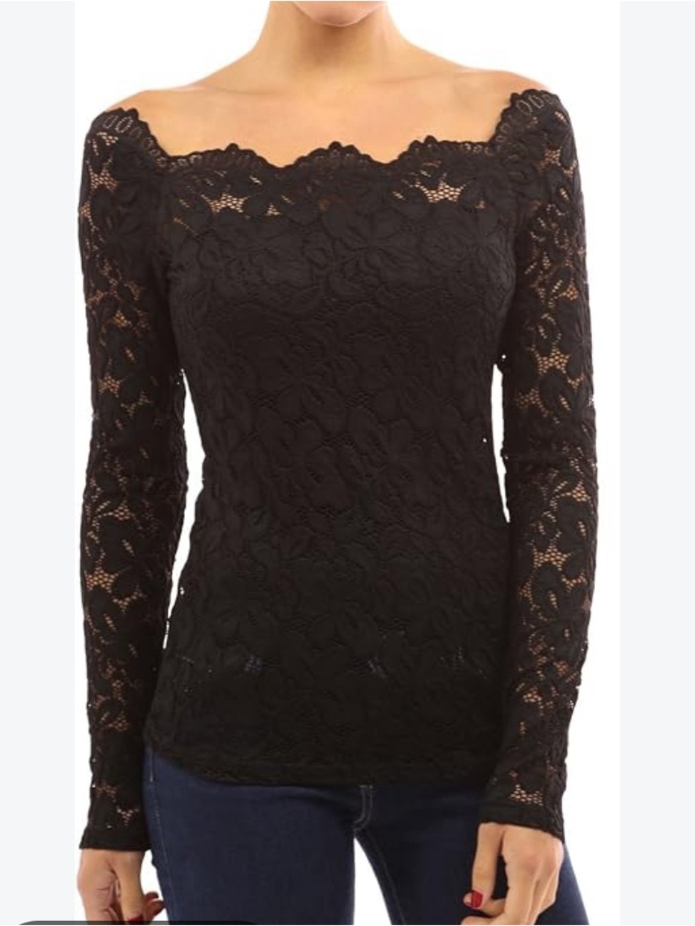 PattyBoutik Black Lace Off-Shoulder Long Sleeve Top